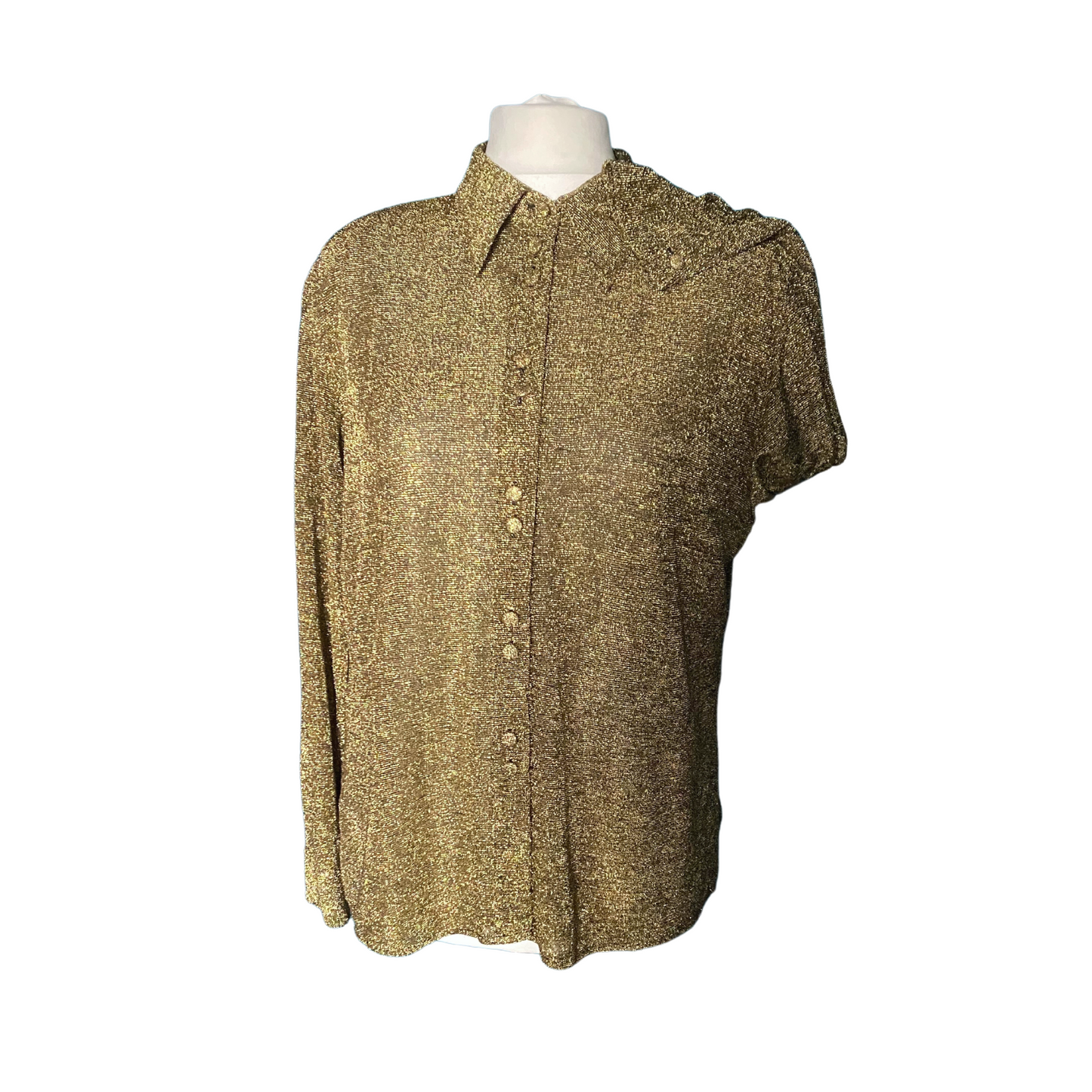 Glamorous gold metallic glitter blouse with a dazzling dagger collar.