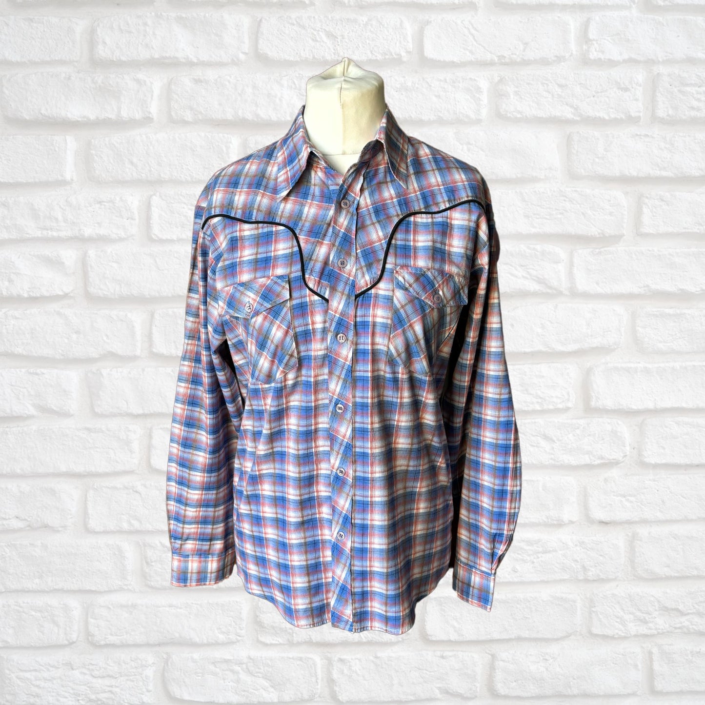 Vintage Checked Western Style Shirt with Black Piping  - Classic Retro Style. Approx UK size S- M ( men) 10-14 ( women)