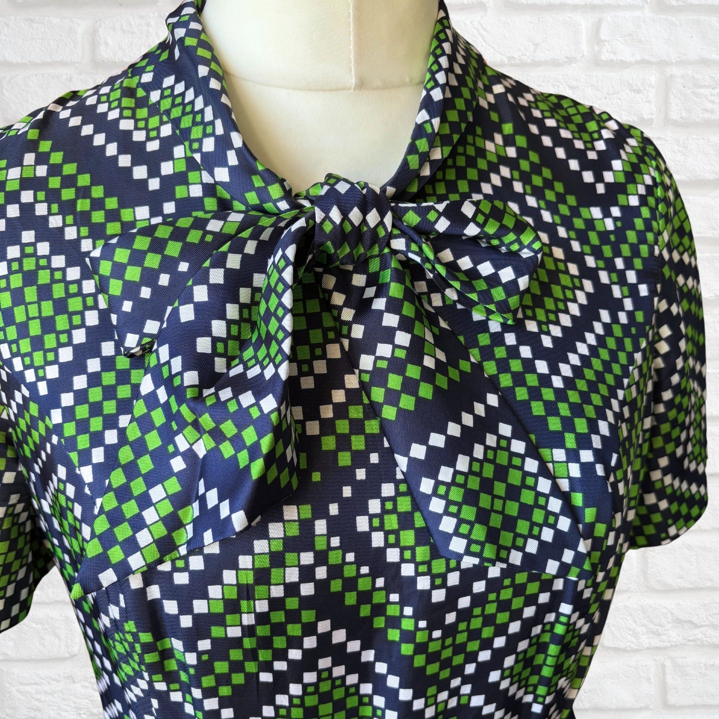 Vintage 70s Navy Blue, Green and White Geometric Print Dress with Tie Neck and Matching Belt . Approx UK size 14-16