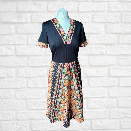 70s Black Fit & Flare Midi Dress with Fruity Floral Print . Approx UK size 10-12