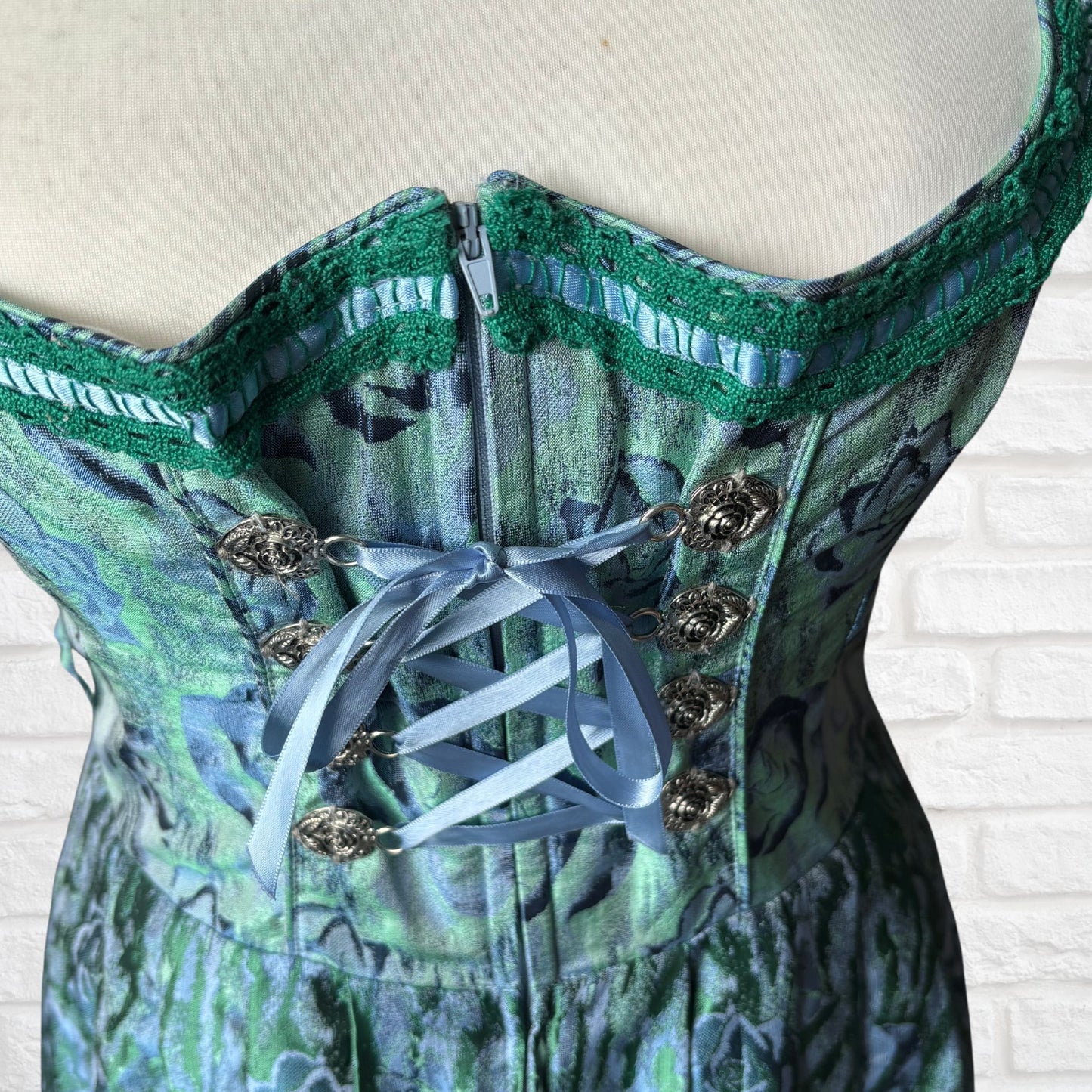 Vintage Blue and Green Shimmery Dirndl Dress with Lace-Up Bodice. Approx UK size 14