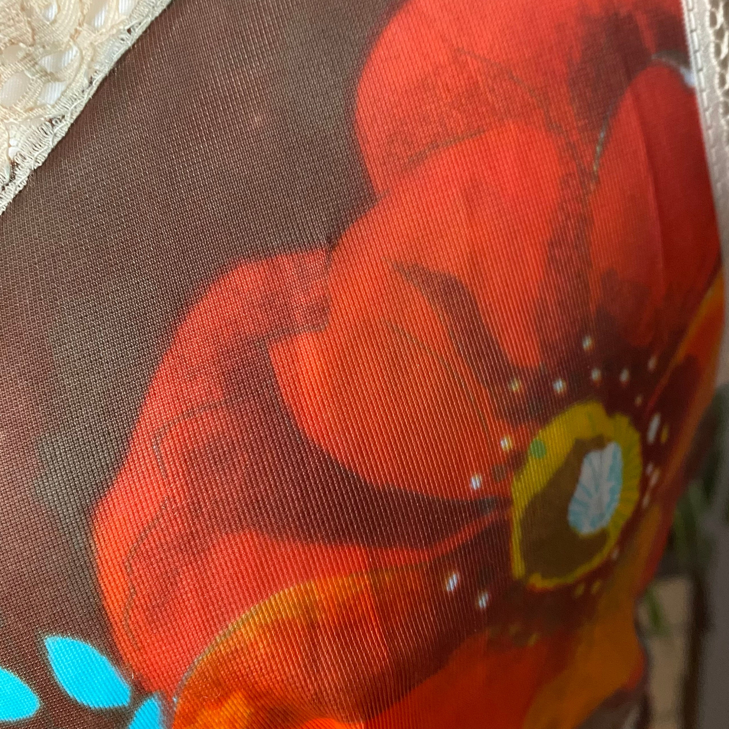 70s orange flower print, lace trimmed slip dress. Approx UK size 18-20
