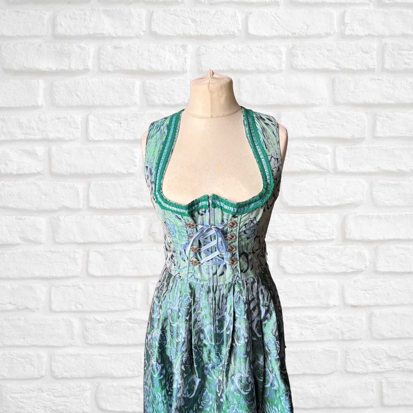 Vintage Blue and Green Shimmery Dirndl Dress with Lace-Up Bodice. Approx UK size 14