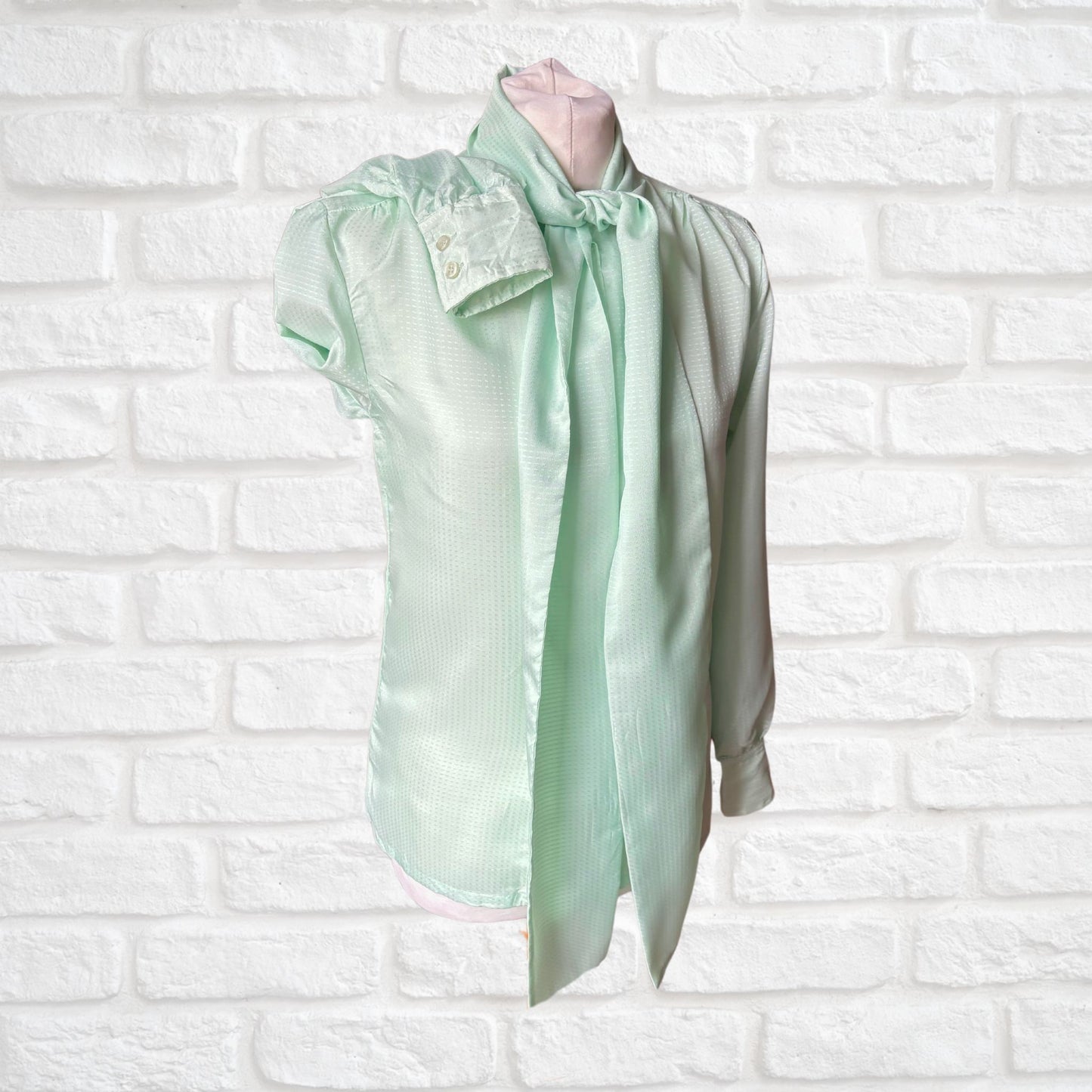 Pale Green Silky 80s Vintage Secretary Blouse with Tie Detail. Approx UK size 8-10