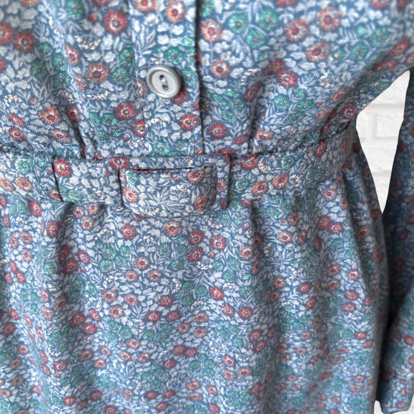 Vintage 80s Blue Floral Prairie Midi Dress with Cream Lace Collar. Approx UK size 12-14