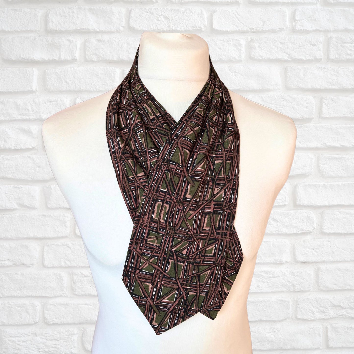 60s Mod Style Green, Brown and White Abstract Print Vintage Cravat