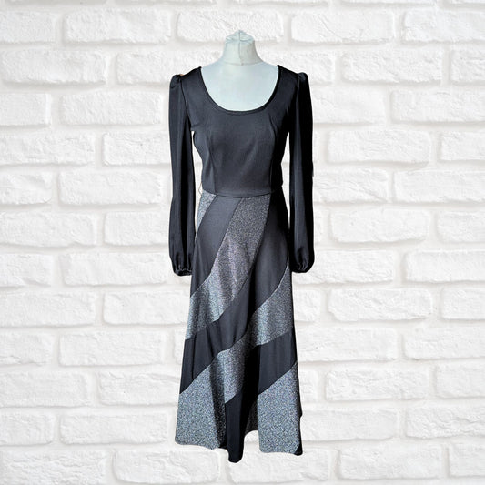 Vintage 1970s Black & Silver Sparkle Maxi Dress by Richard Shops - Disco Style with Full Sleeves & Scoop Neckline. Approx UK size 8-10