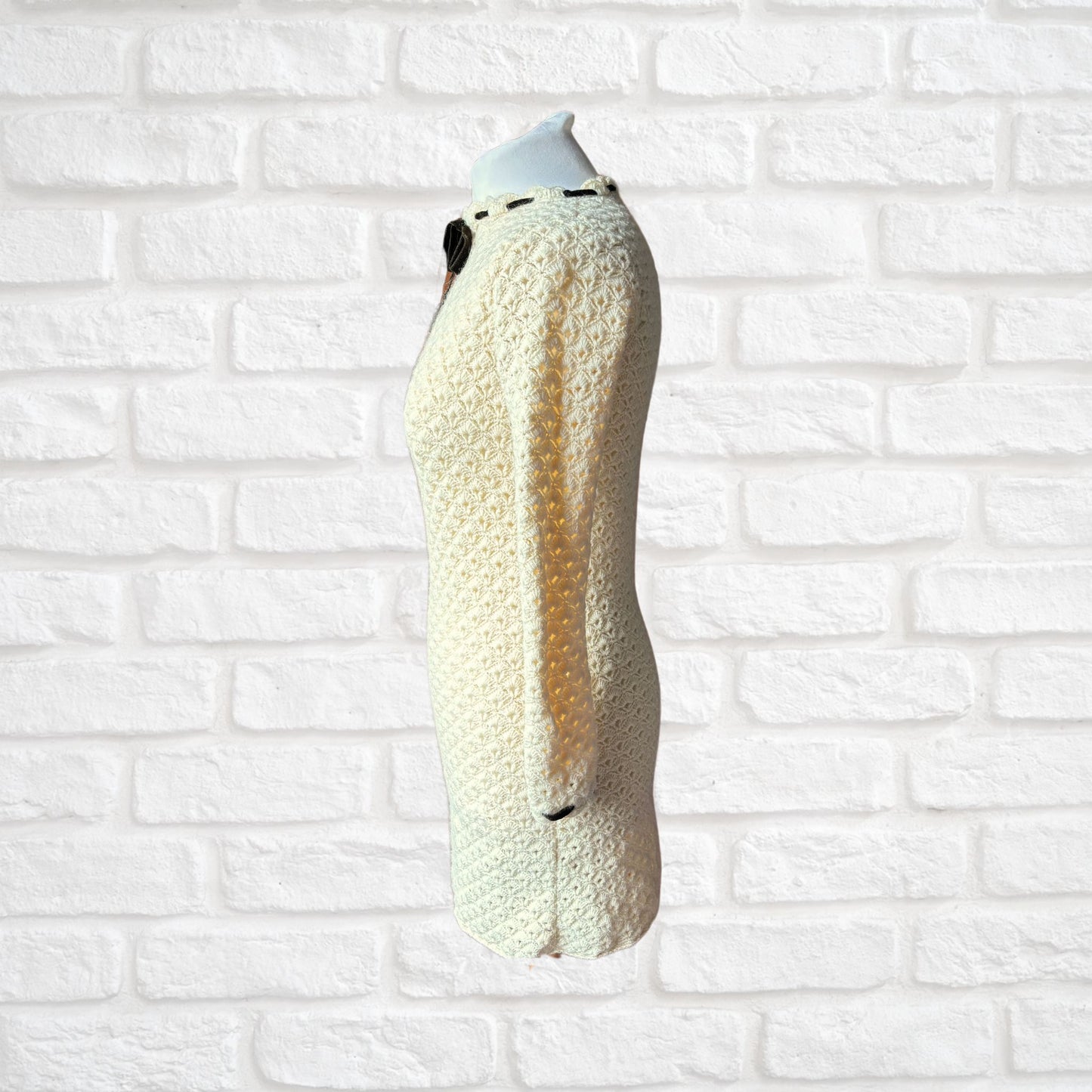 Vintage 60s Cream Crochet Mini Dress with Velvet Ribbon Detailing. Approx U.K. size 6-8