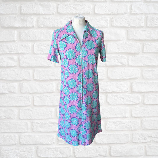 60s Pink and Turquoise Short Sleeves Vintage Scooter Dress. Approx UK size 8- 10