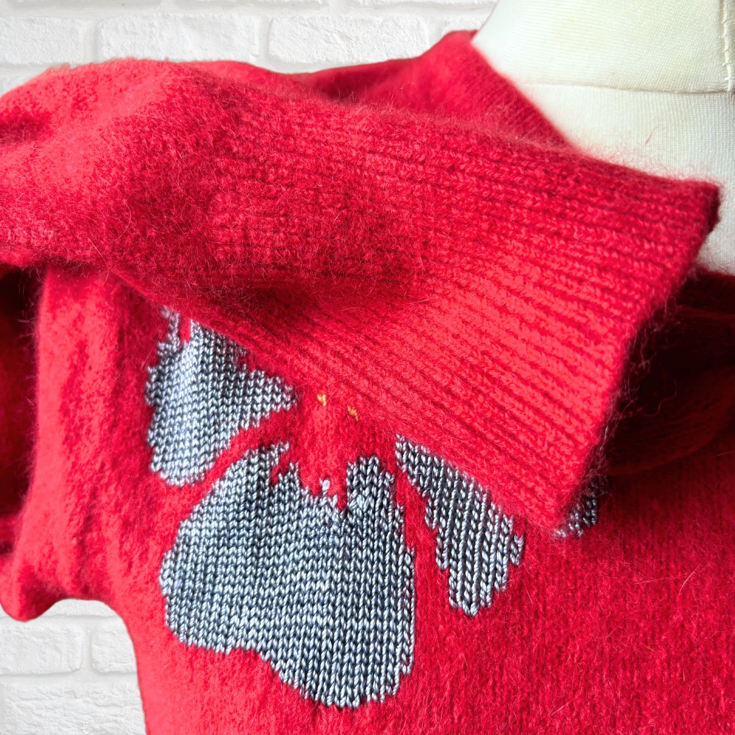 Vintage 80s Style Fluffy Red Jumper with Embellished Floral Detail and Bow. Approx UK size 8-10