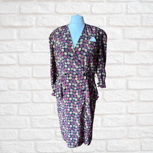 Vintage 80s Black Peplum Dress with Red & Gold Lozenge Print by Liz Roberts. Approx UK Size 16-18