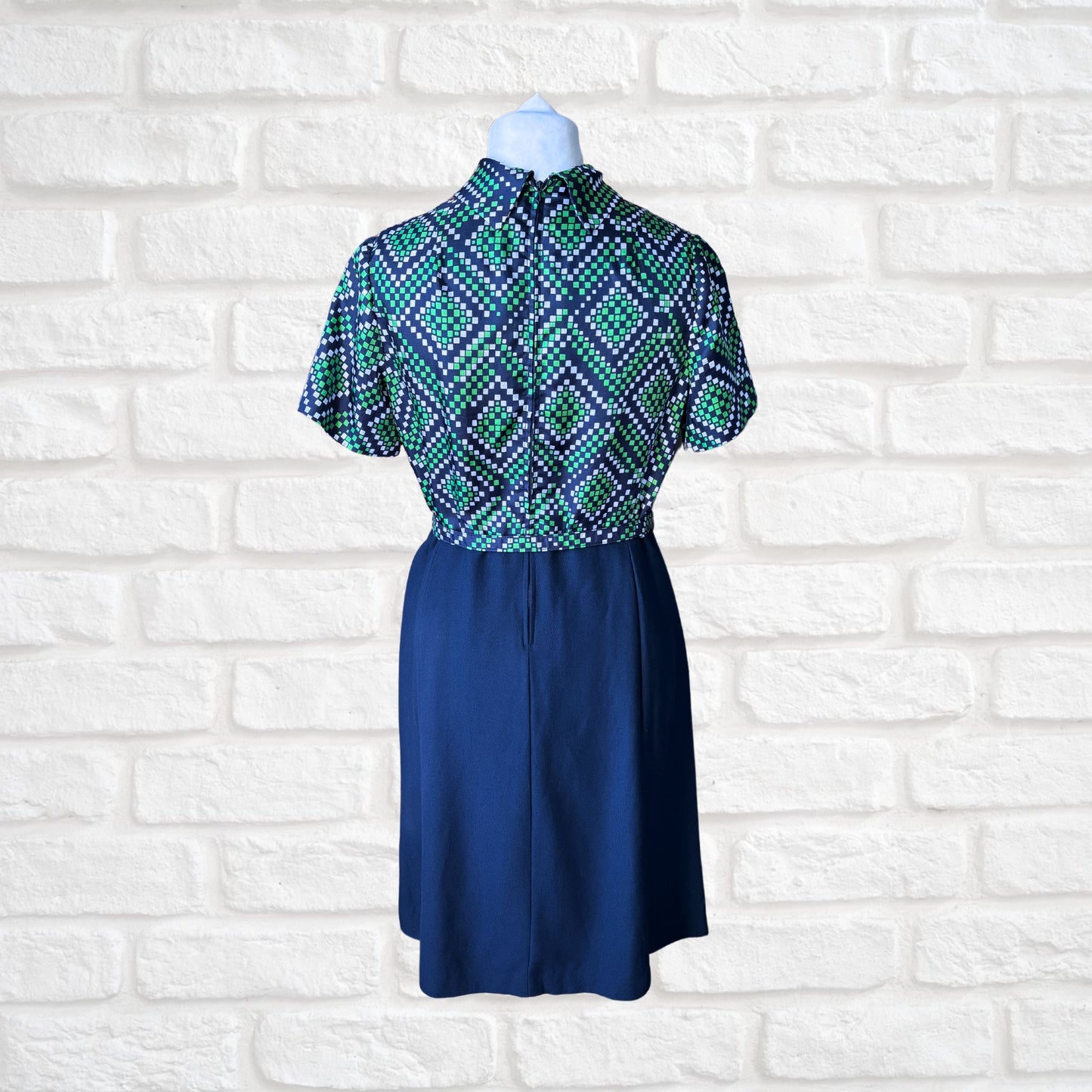 Vintage 70s Navy Blue, Green and White Geometric Print Dress with Tie Neck and Matching Belt . Approx UK size 14-16