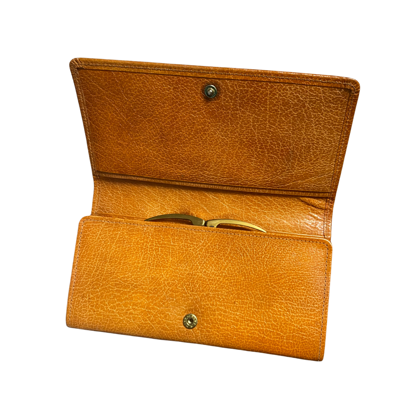Vintage tan leather purse with a hidden kiss lock purse