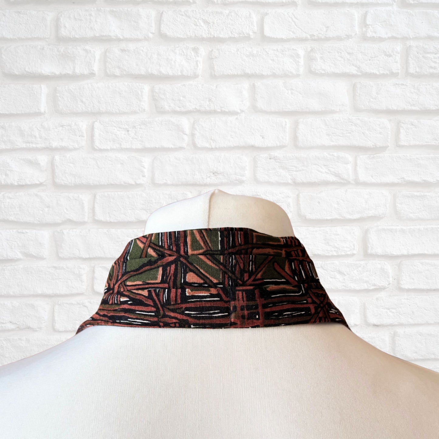 60s Mod Style Green, Brown and White Abstract Print Vintage Cravat