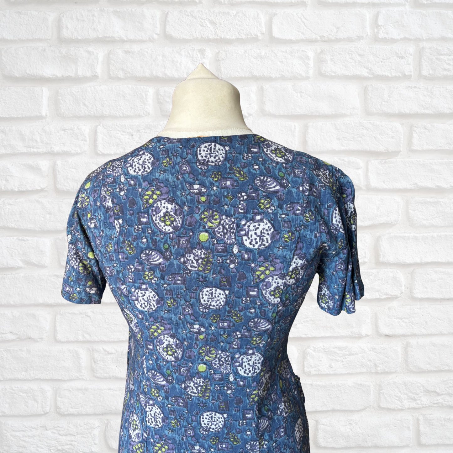 1950s French Vintage Blue Cotton Abstract Print Dress. Approx UK 12/ small 14