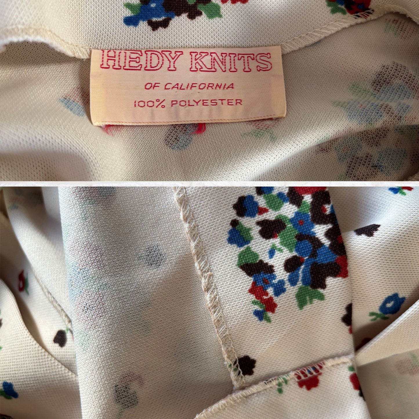 Vintage 1970s Cream Floral Dagger Collar Blouse by Hedy Knits of California .Approx UK size 14-16