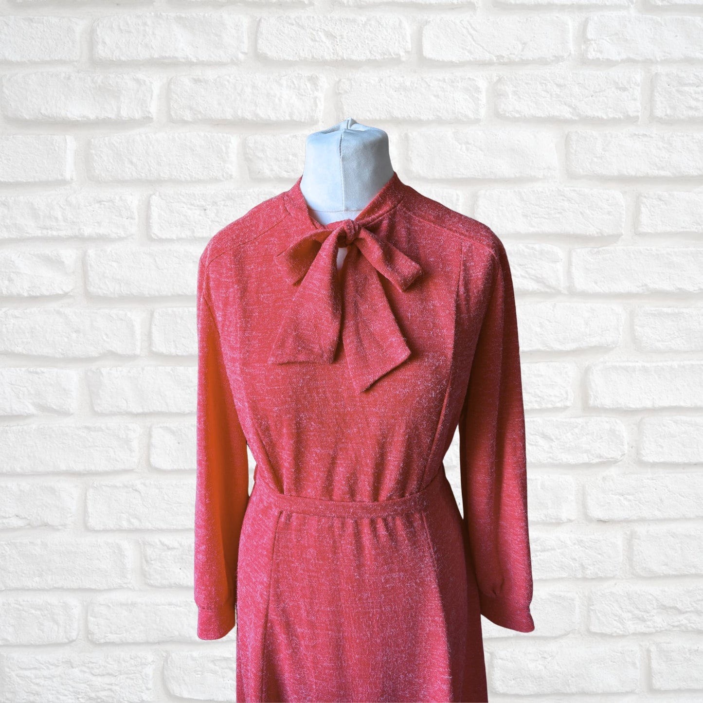 70s Vintage Coral Pink Midi Dress with Bow Neckline and Matching Belt .Approx UK size 16-18