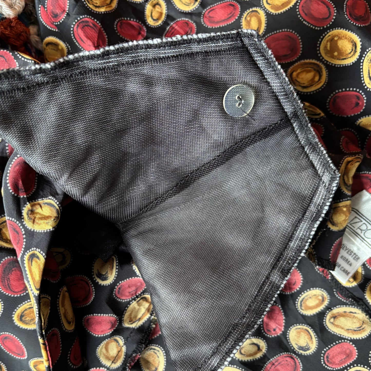 Vintage 80s Black Peplum Dress with Red & Gold Lozenge Print by Liz Roberts. Approx UK Size 16-18