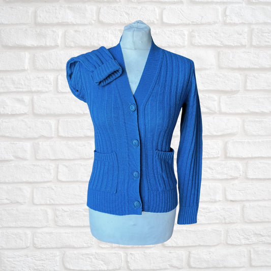 70s Blue Ribbed V neck Vintage Cardigan.  Approx UK size 8-10