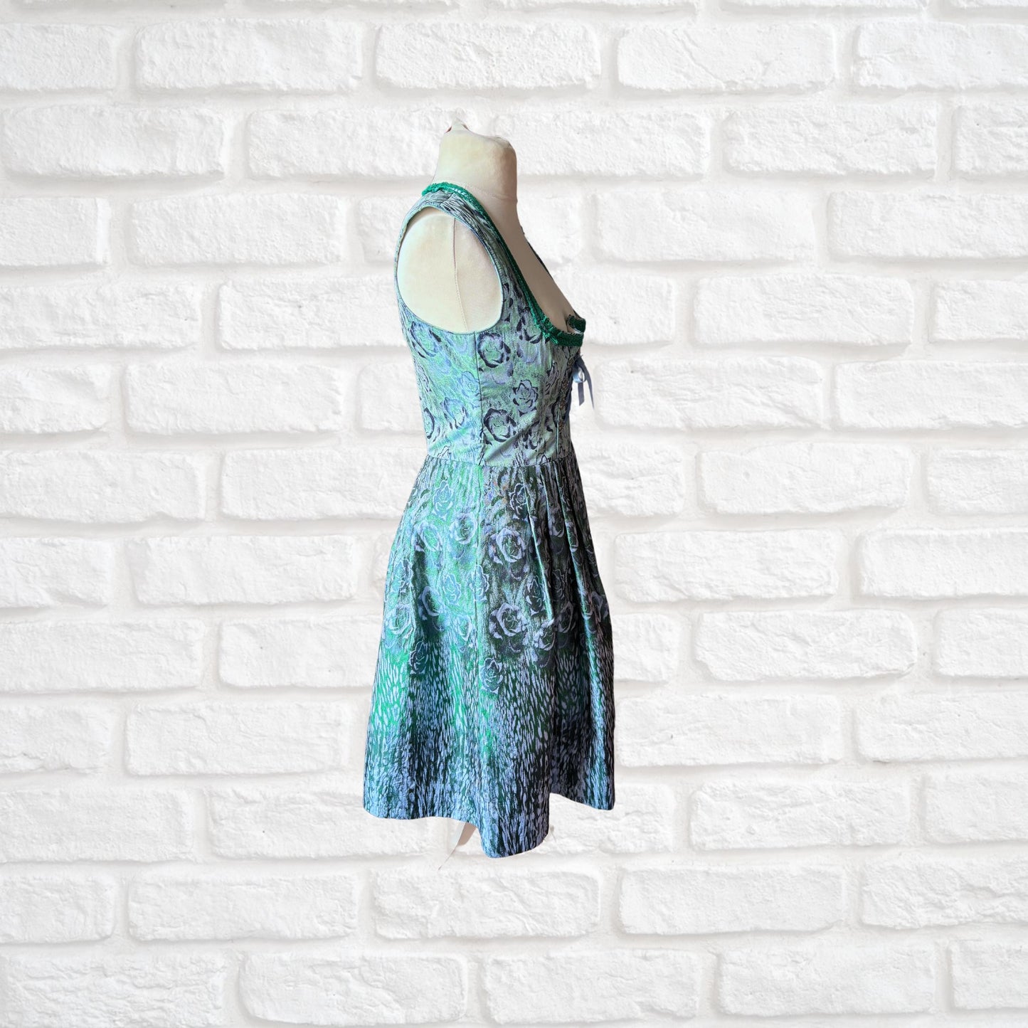 Vintage Blue and Green Shimmery Dirndl Dress with Lace-Up Bodice. Approx UK size 14