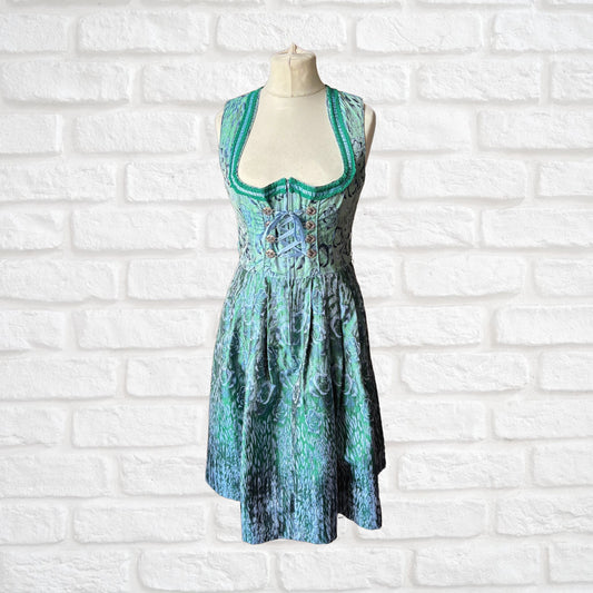 Vintage Blue and Green Shimmery Dirndl Dress with Lace-Up Bodice. Approx UK size 14