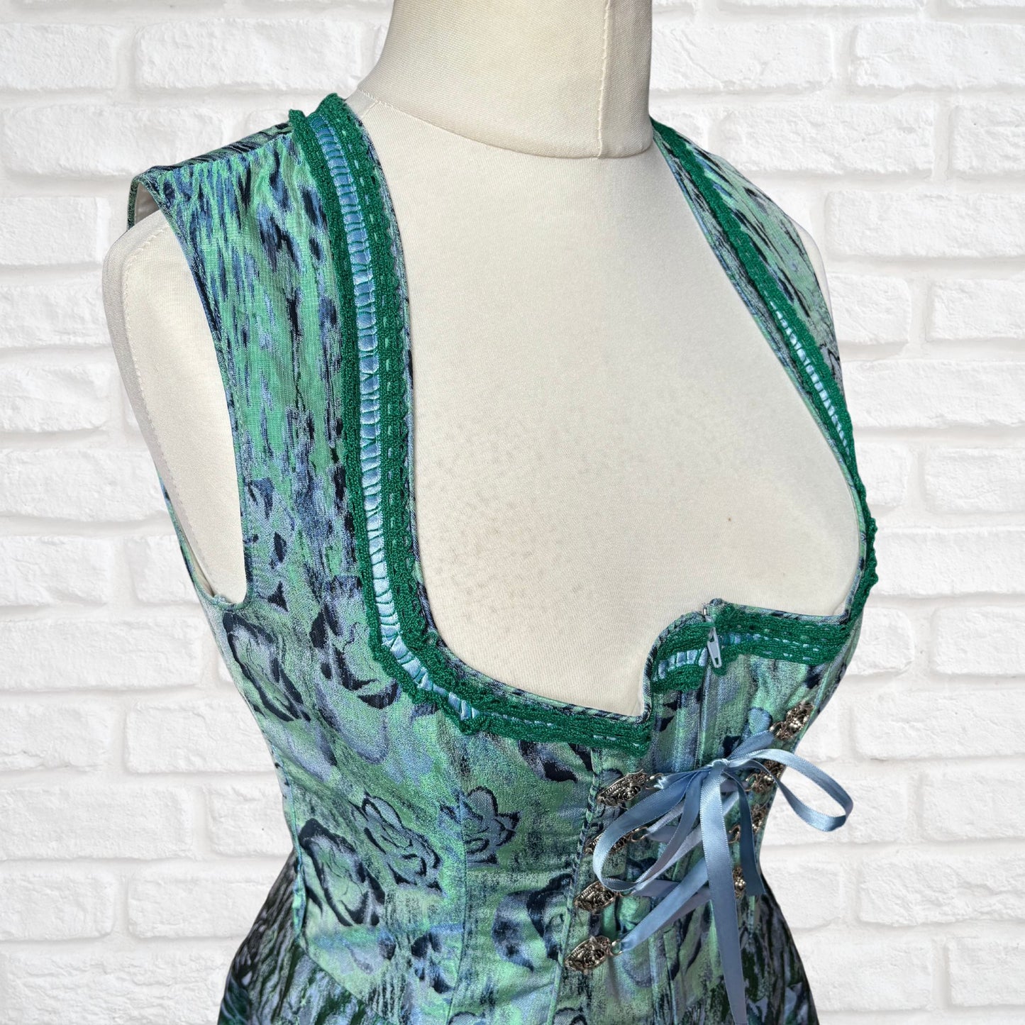 Vintage Blue and Green Shimmery Dirndl Dress with Lace-Up Bodice. Approx UK size 14