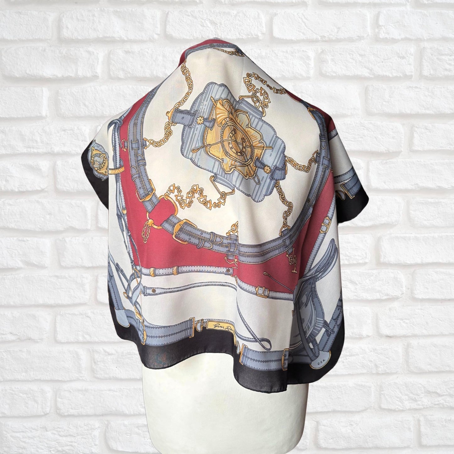 Black, White, Grey, Gold and Red Equestrian Style Square Vintage Scarf by Gim Renoir. Great Gift Idea