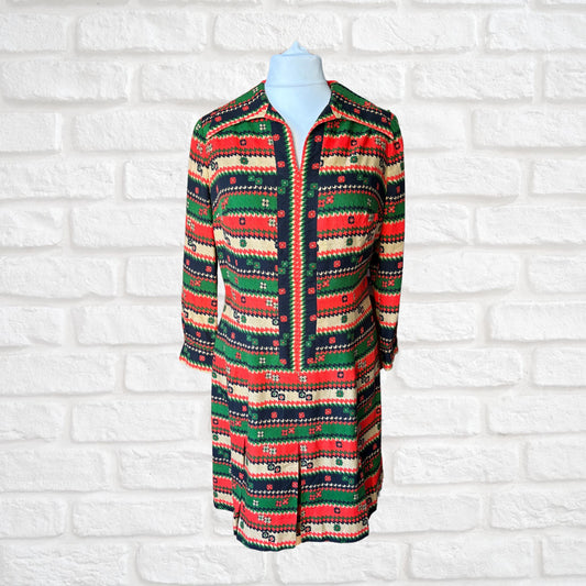 70s Abstract Floral Long Sleeved Vintage Dress with Dagger Collar. Approx UK size 14