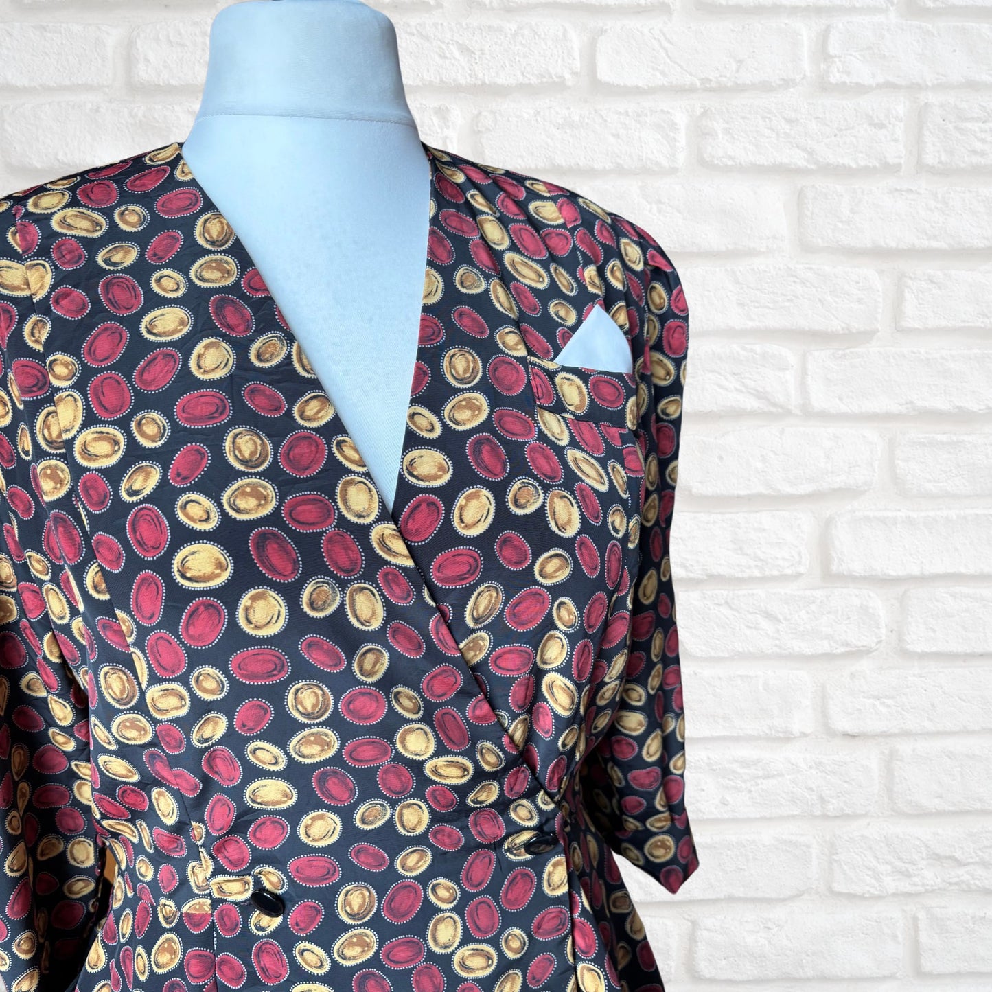 Vintage 80s Black Peplum Dress with Red & Gold Lozenge Print by Liz Roberts. Approx UK Size 16-18