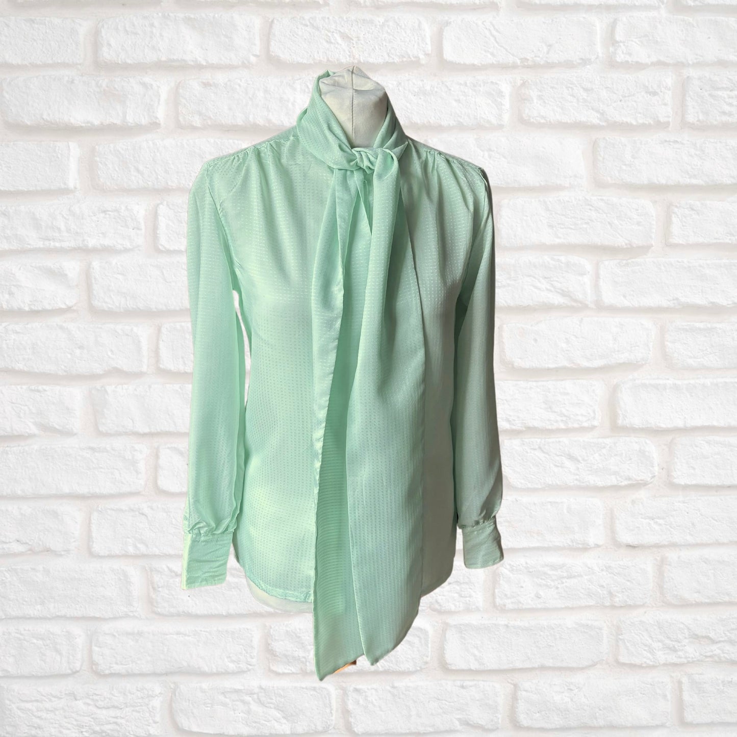 Pale Green Silky 80s Vintage Secretary Blouse with Tie Detail. Approx UK size 8-10