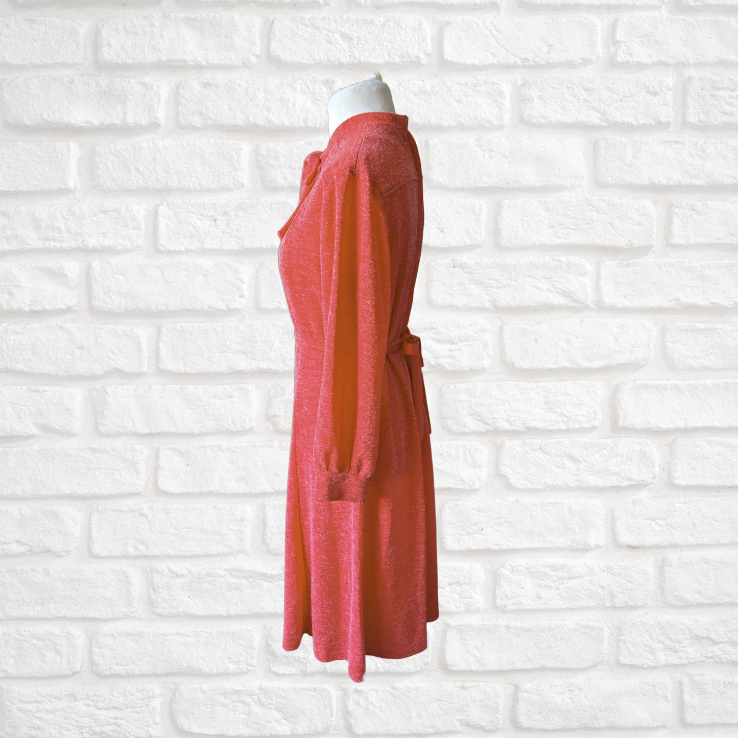 70s Vintage Coral Pink Midi Dress with Bow Neckline and Matching Belt .Approx UK size 16-18