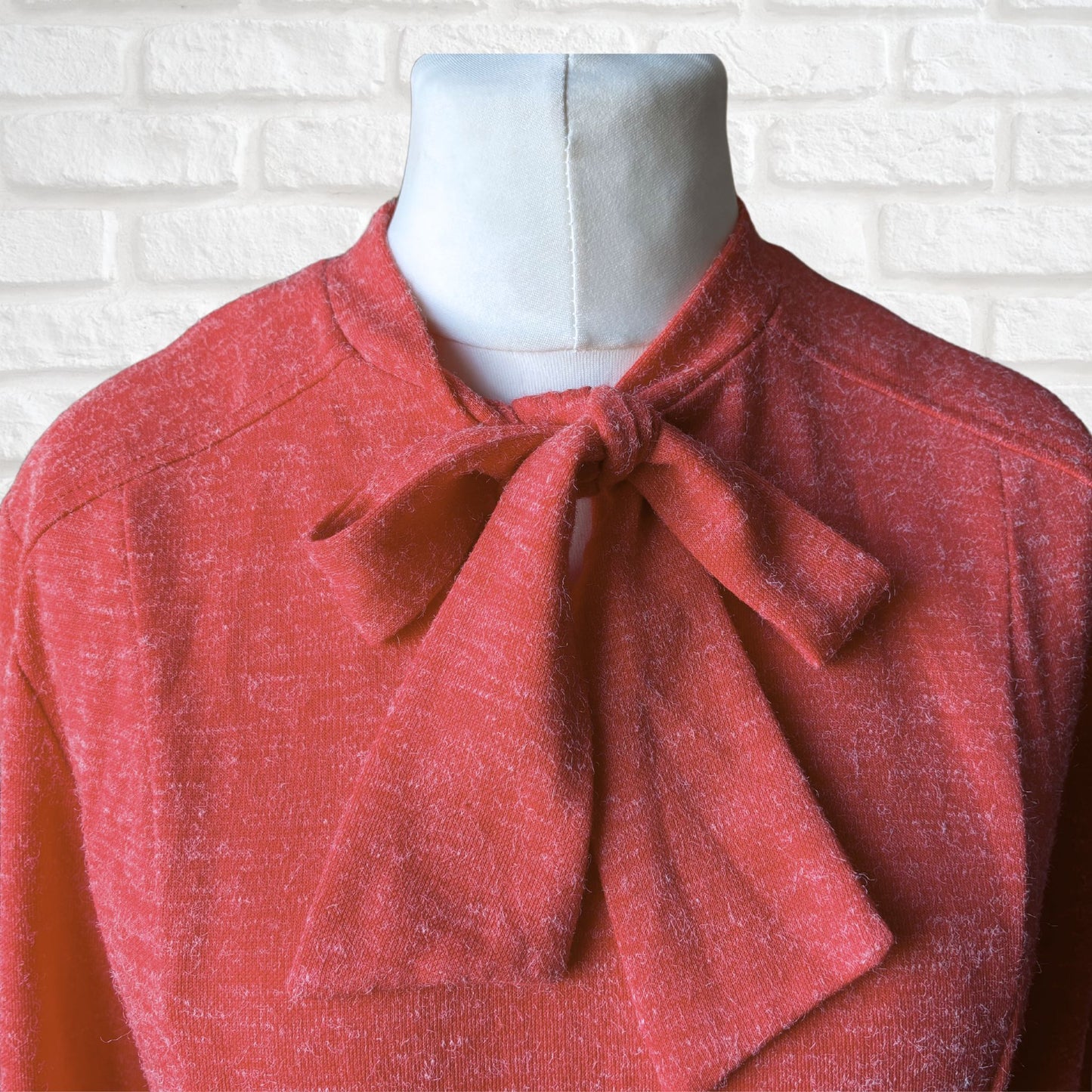 70s Vintage Coral Pink Midi Dress with Bow Neckline and Matching Belt .Approx UK size 16-18