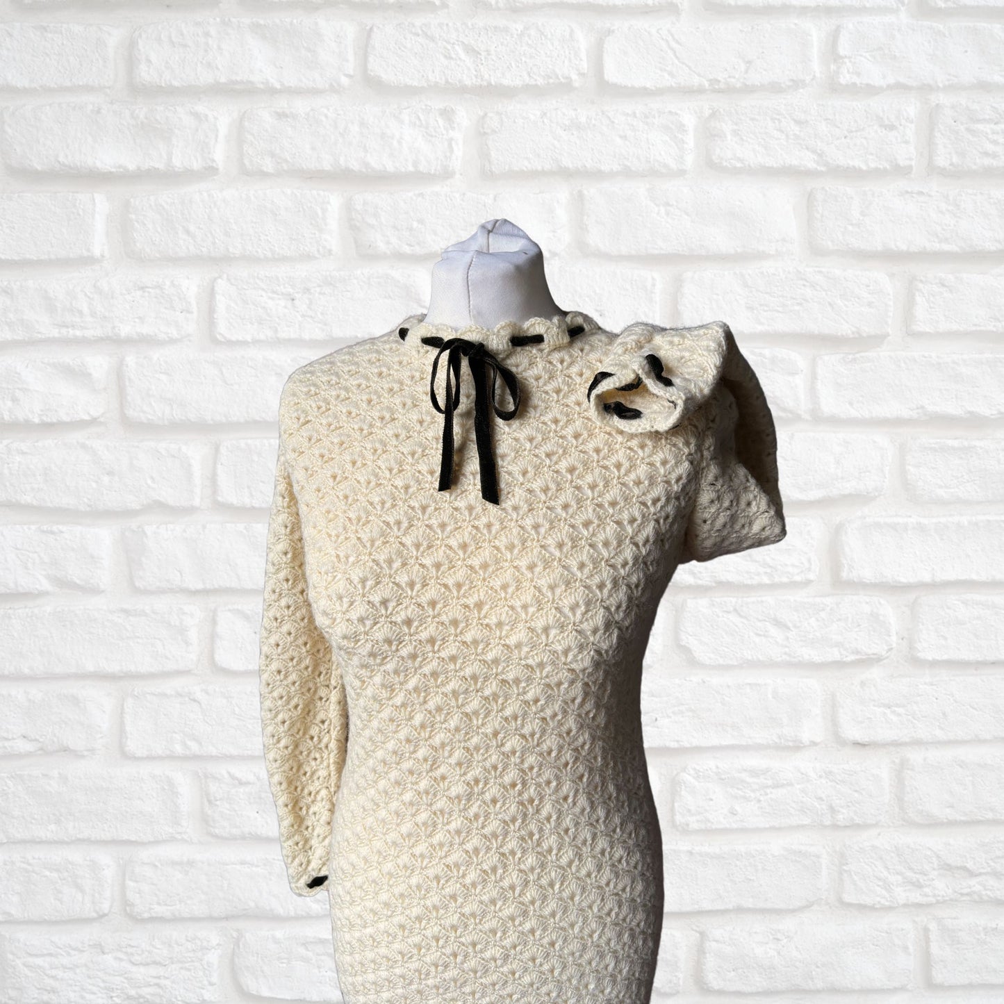 Vintage 60s Cream Crochet Mini Dress with Velvet Ribbon Detailing. Approx U.K. size 6-8