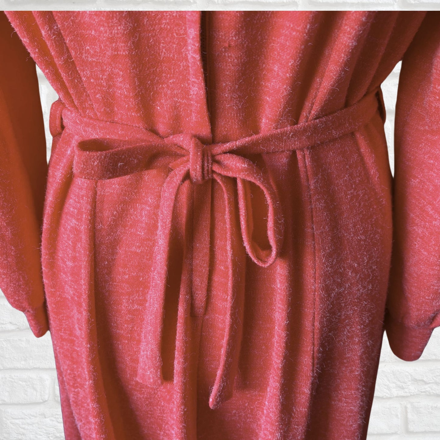 70s Vintage Coral Pink Midi Dress with Bow Neckline and Matching Belt .Approx UK size 16-18