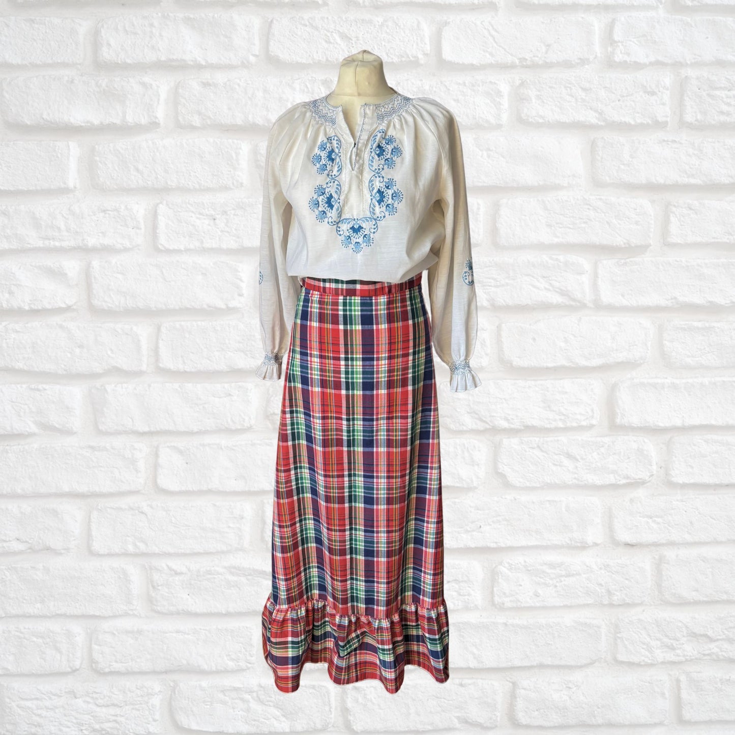 1970s Red, White, Blue and Green Checked Vintage Maxi Skirt . Approx UK size 8-10