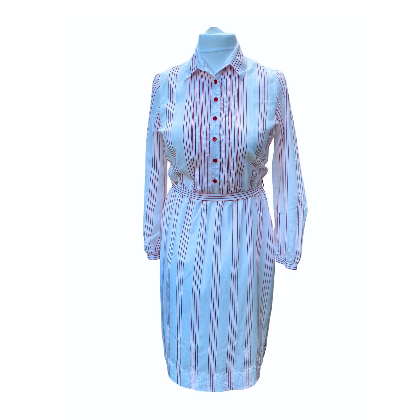 70s /80s white and red striped dress with matching belt by Kay Windsor. Approx UK size 14-16