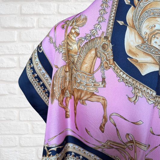 Pink, Navy Blue and Gold Heraldic Style Large Square Vintage Scarf. Great Gift idea