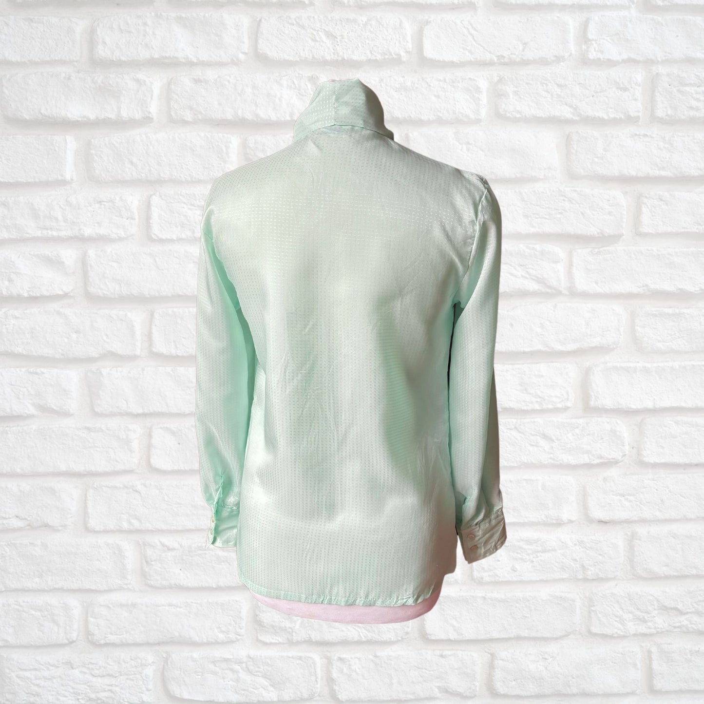 Pale Green Silky 80s Vintage Secretary Blouse with Tie Detail. Approx UK size 8-10