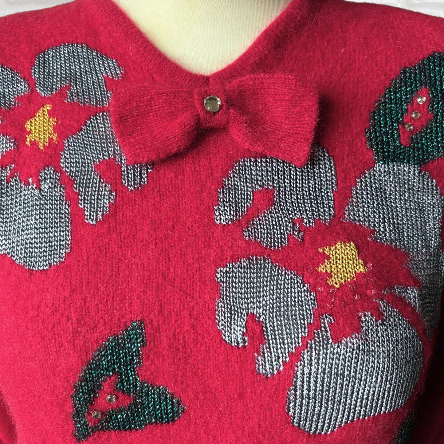 Vintage 80s Style Fluffy Red Jumper with Embellished Floral Detail and Bow. Approx UK size 8-10