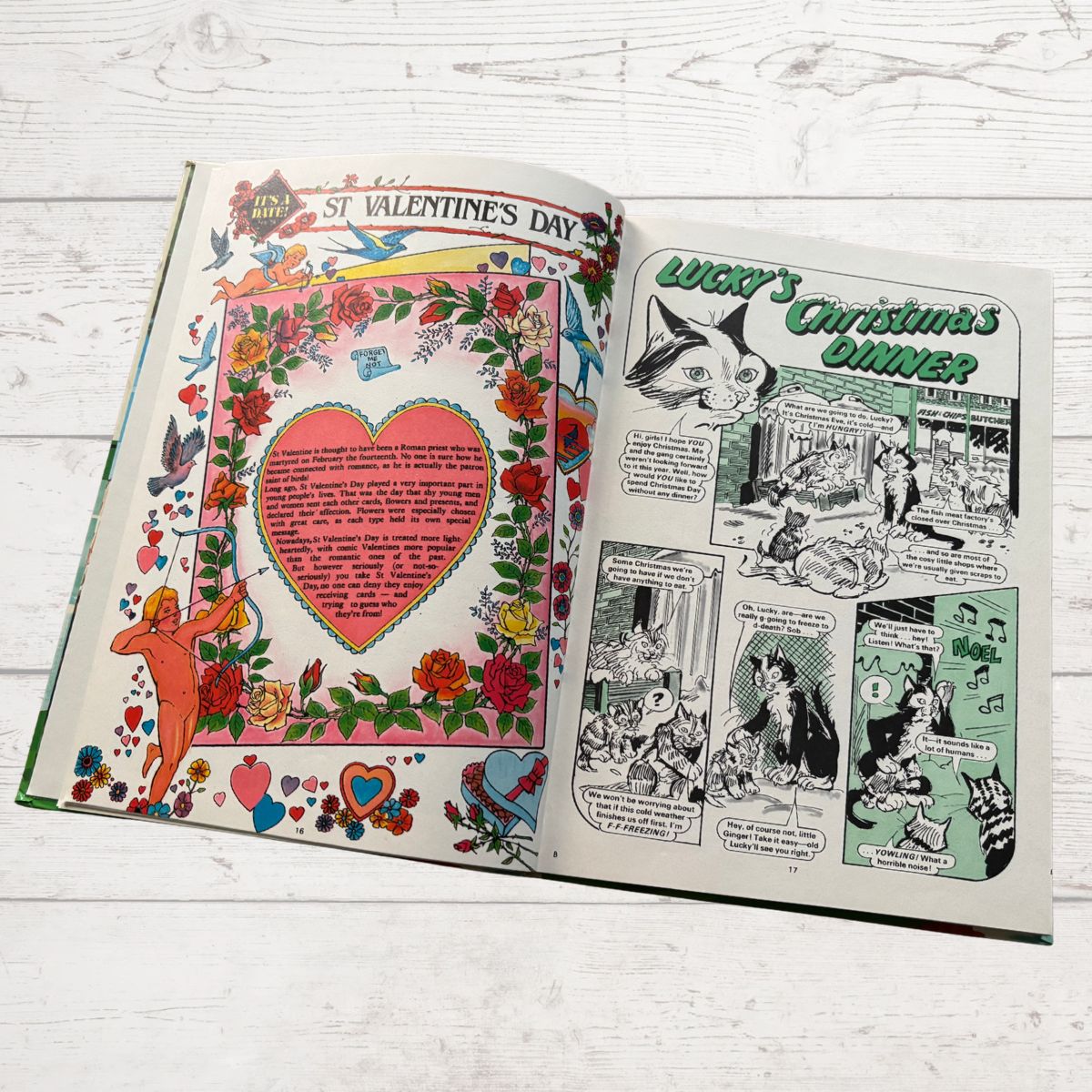 Mandy for Girls 1985 vintage annual, open on a comic story page and a valentines day article on a white background