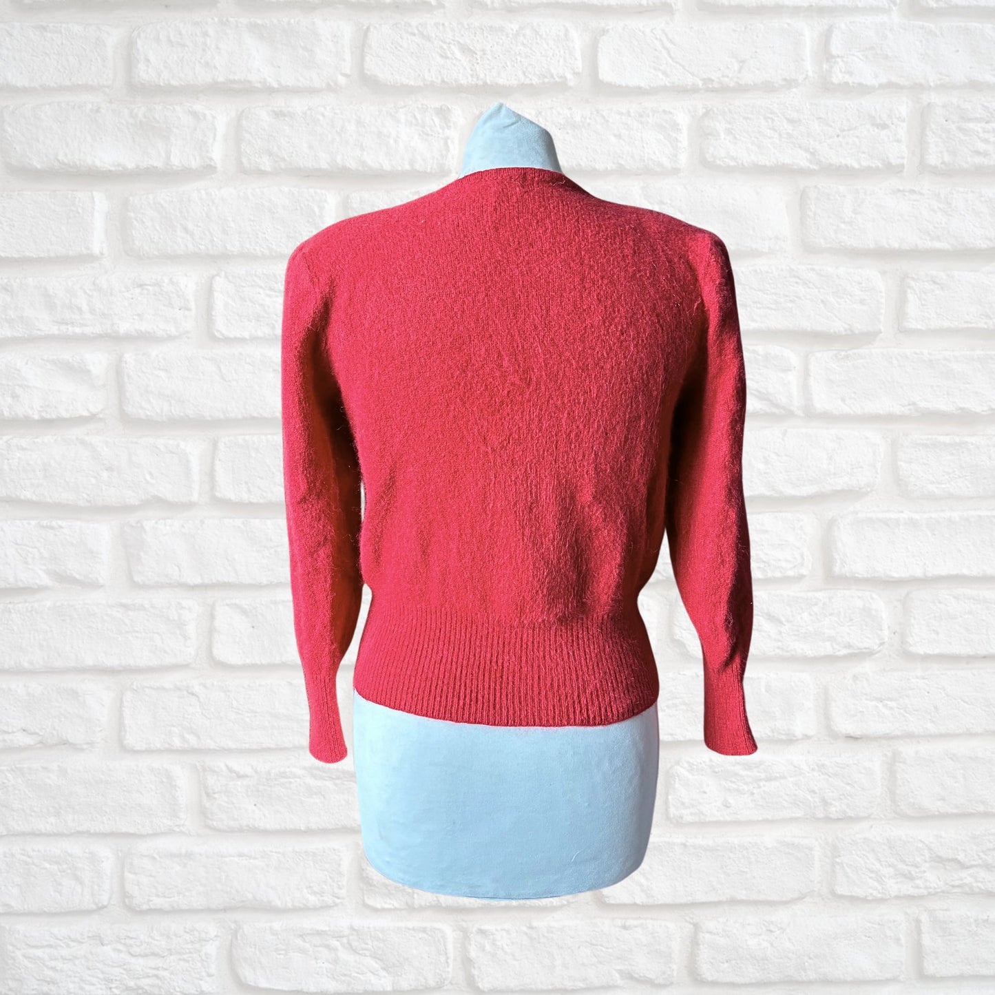 Vintage 80s Style Fluffy Red Jumper with Embellished Floral Detail and Bow. Approx UK size 8-10
