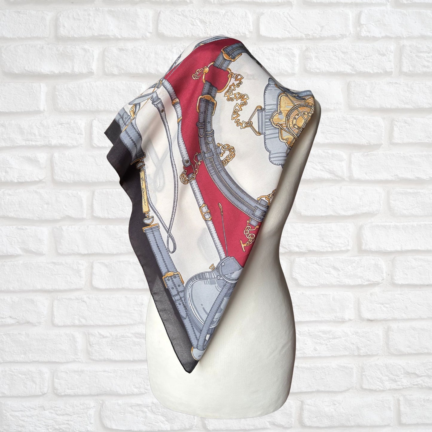 Black, White, Grey, Gold and Red Equestrian Style Square Vintage Scarf by Gim Renoir. Great Gift Idea