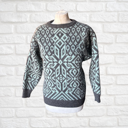 Vintage 80s Benetton Shetland Wool Jumper – Charcoal Grey & Turquoise Nordic Knit. Approx UK size 10- 14