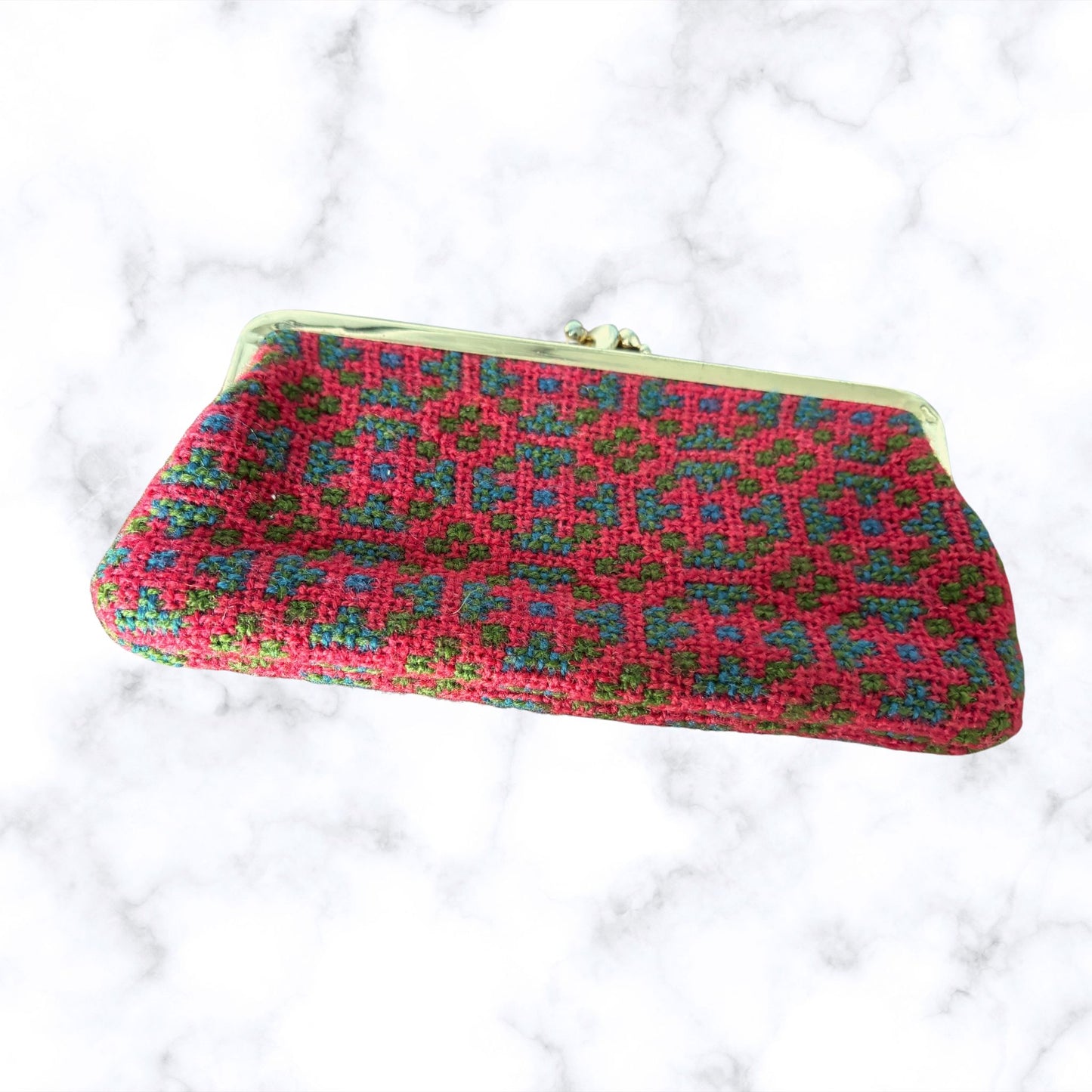 Vintage Red, Green, and Blue Wool Tapestry Large Coin Purse