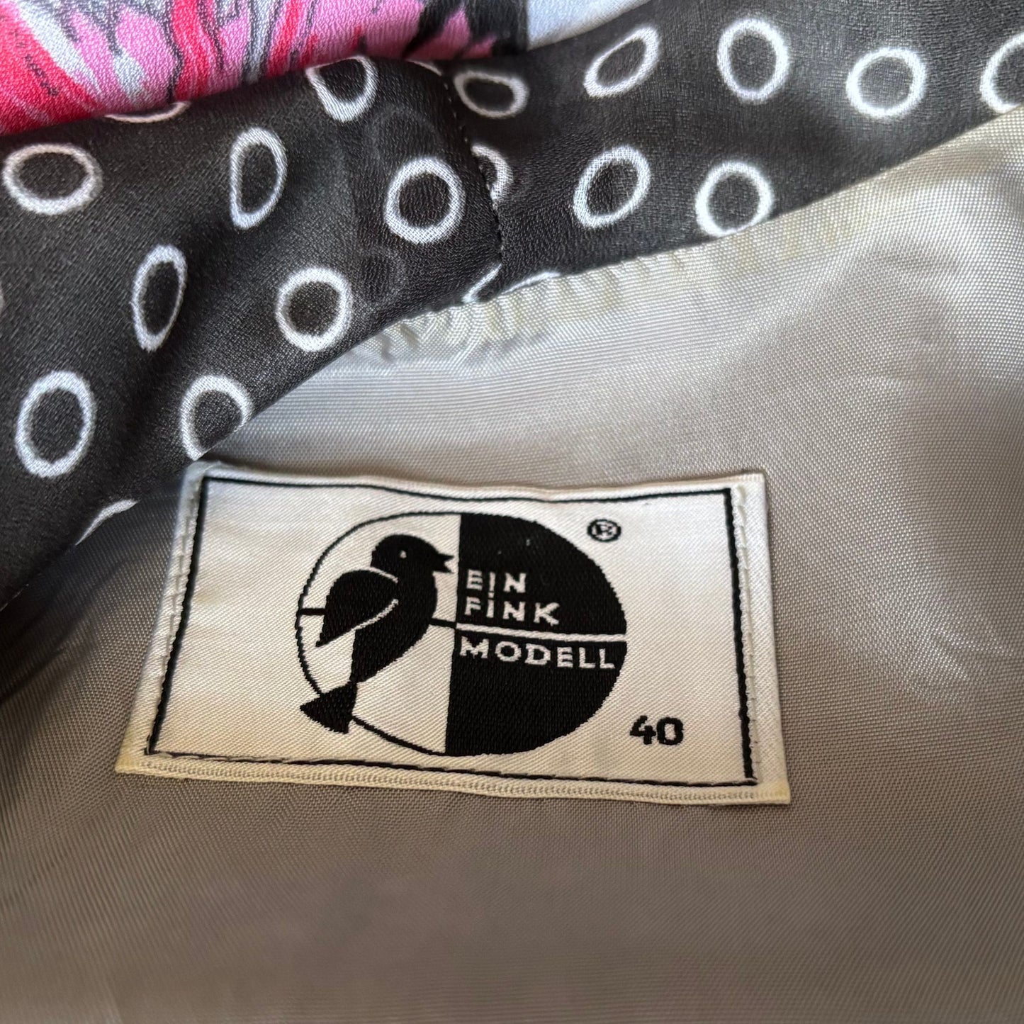 Close up of Ein Fink Modell label in a 70s maxi dress