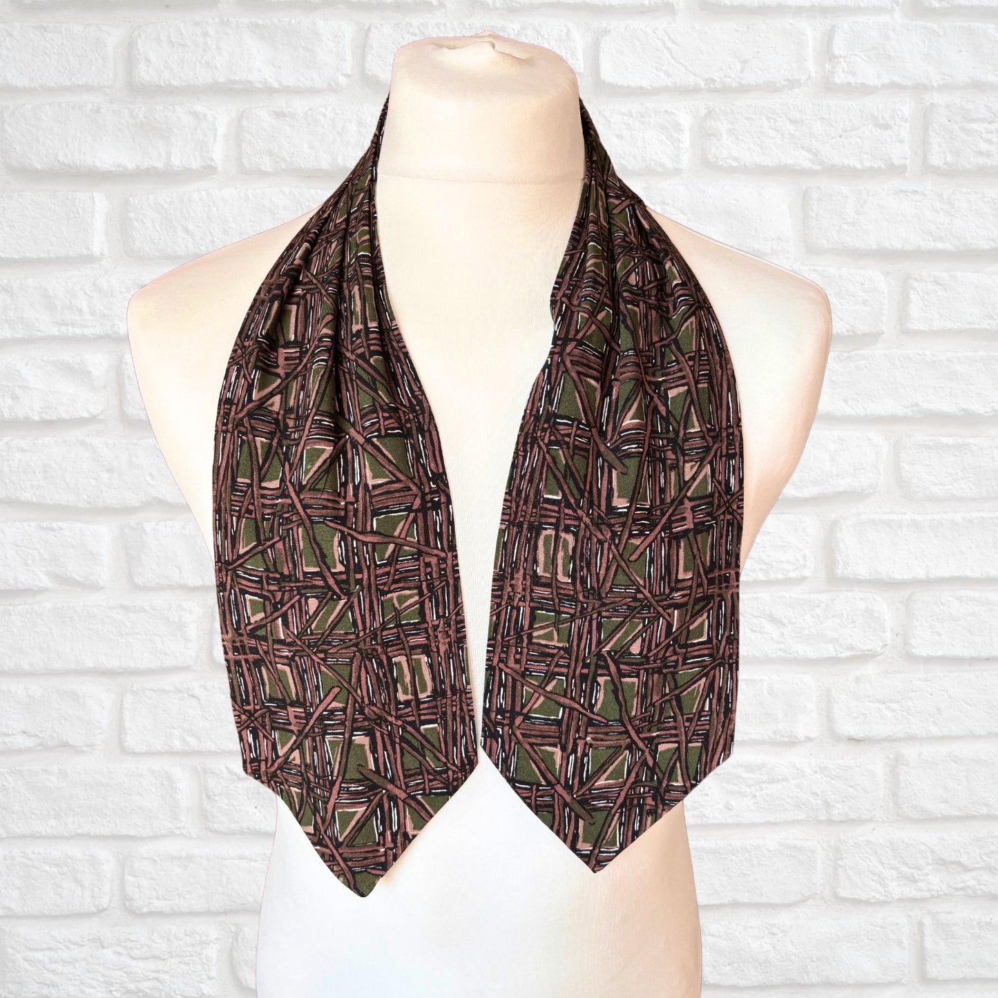 60s Mod Style Green, Brown and White Abstract Print Vintage Cravat