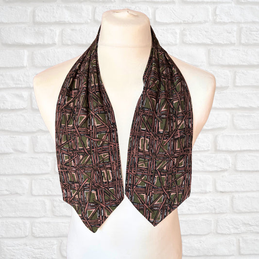 60s Mod Style Green, Brown and White Abstract Print Vintage Cravat