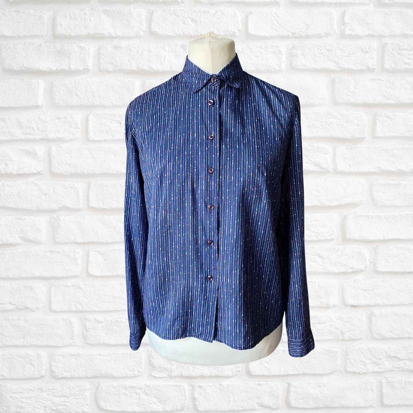 80s Blue Vintage Blouse with a Multicoloured Polka Dot and Striped Print. Approx U.K. size 12-16