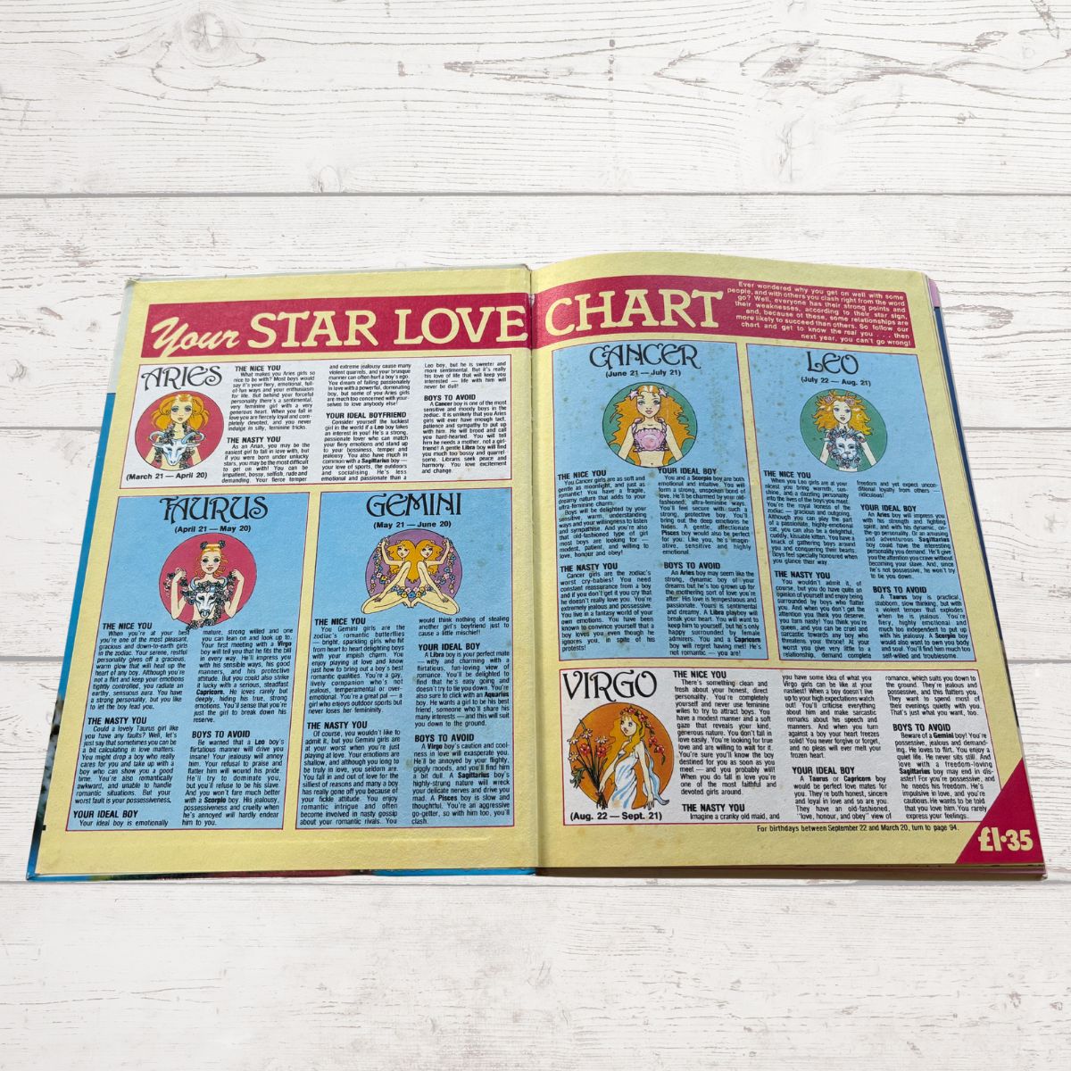 Open book with star love chart on a wooden surface