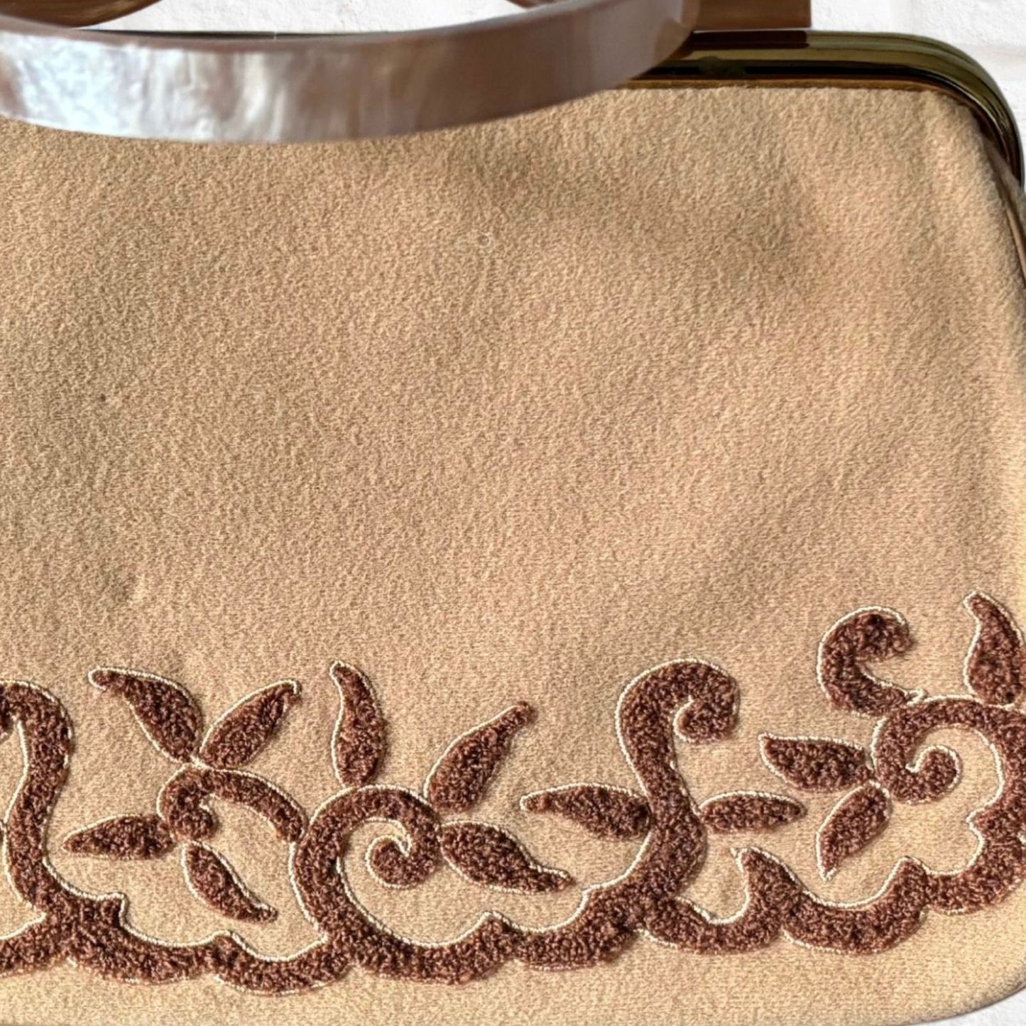 Vintage 1950s Tan Wool Felt Handbag with Lucite Handle - Charles S Kahn Inc, Florida